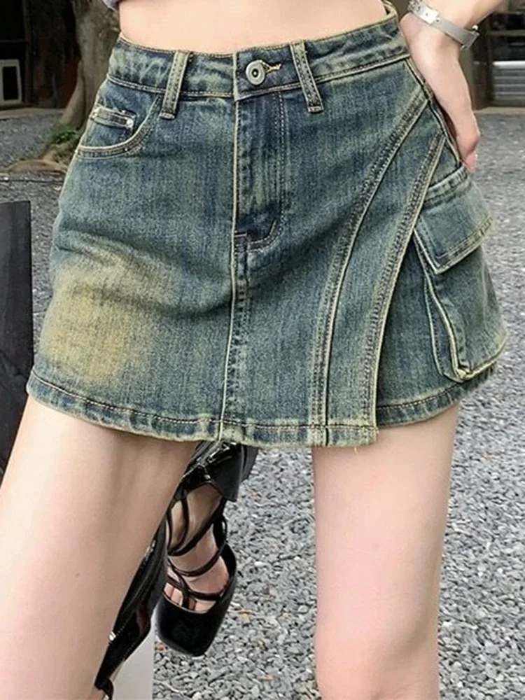 

Female Irregular Sexy Hot Denim Shorts Lady Korean Retro Nightclub Mini Shorts Skirts Girls Blue Buttocks Wrap A Line Culottes