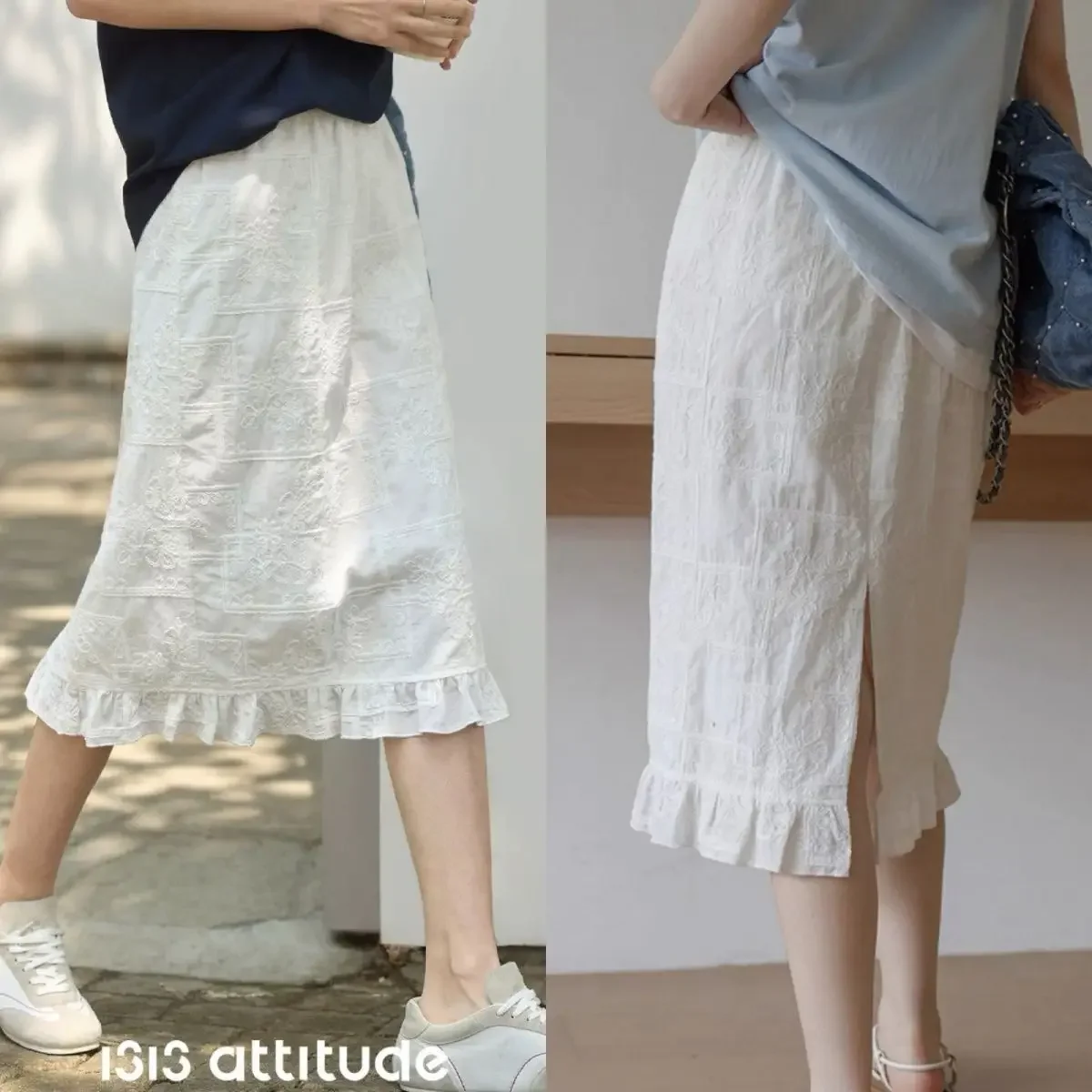 

New Summer Pure Cotton Skirt Women Comfortable White Flower Embroidered Ruffle Elastic Waist Split Skirts Casual Jupe
