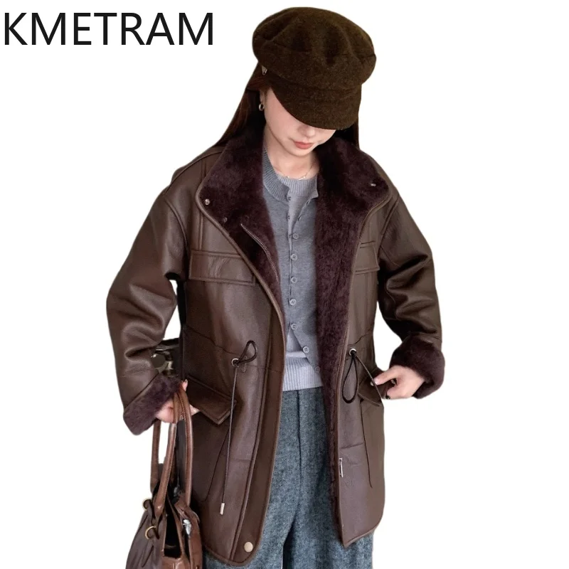 

KMETRAM Natural Lacon Sheepskin with Wool Atttached Fur Coat Slender Real Fur Coats 2025 Mid Length Winter Women Clothing шуба