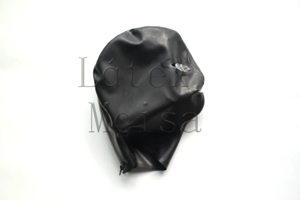 Unisex Latex hoods rubber masks open eyes nostrils and mouth in black with back zip