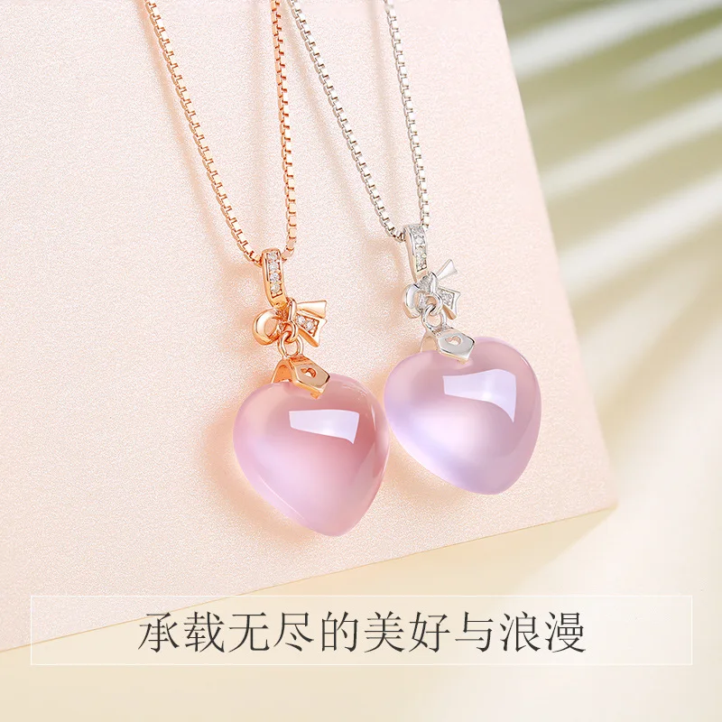 2019 New Korean Version Sweet Pink -Shaped Crystal Hibiscus Stone Jelly Gemstone Heart Pendant Women's Collarbone Chain