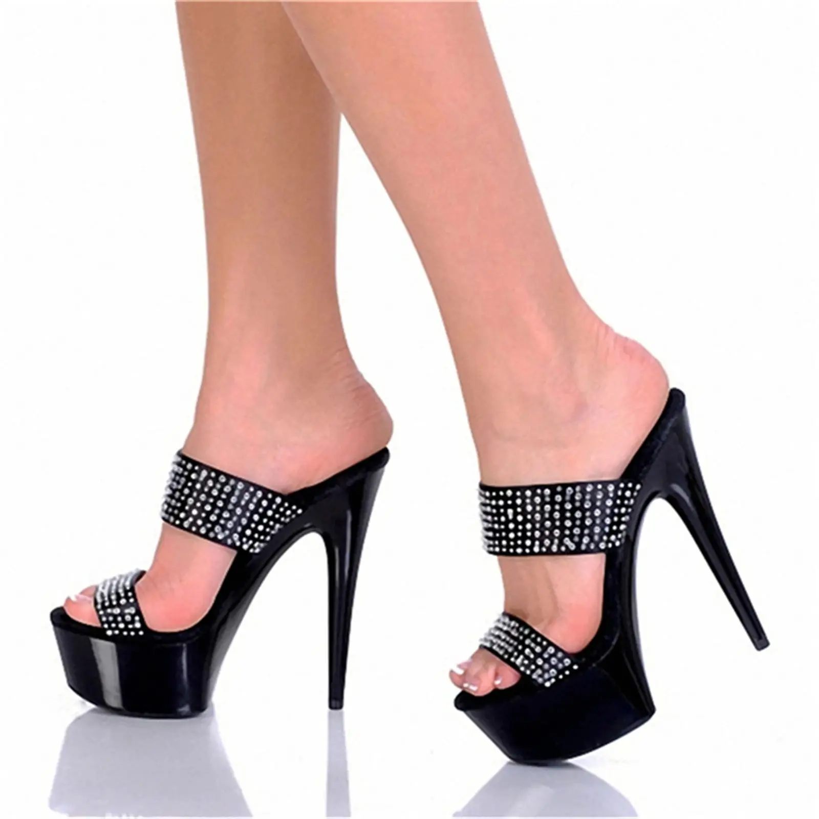 ​15CM Platform Slide Sandals Black, Fully Rhinestone Strap Mules with Chunky Sole, Extreme Height Party Shoes​