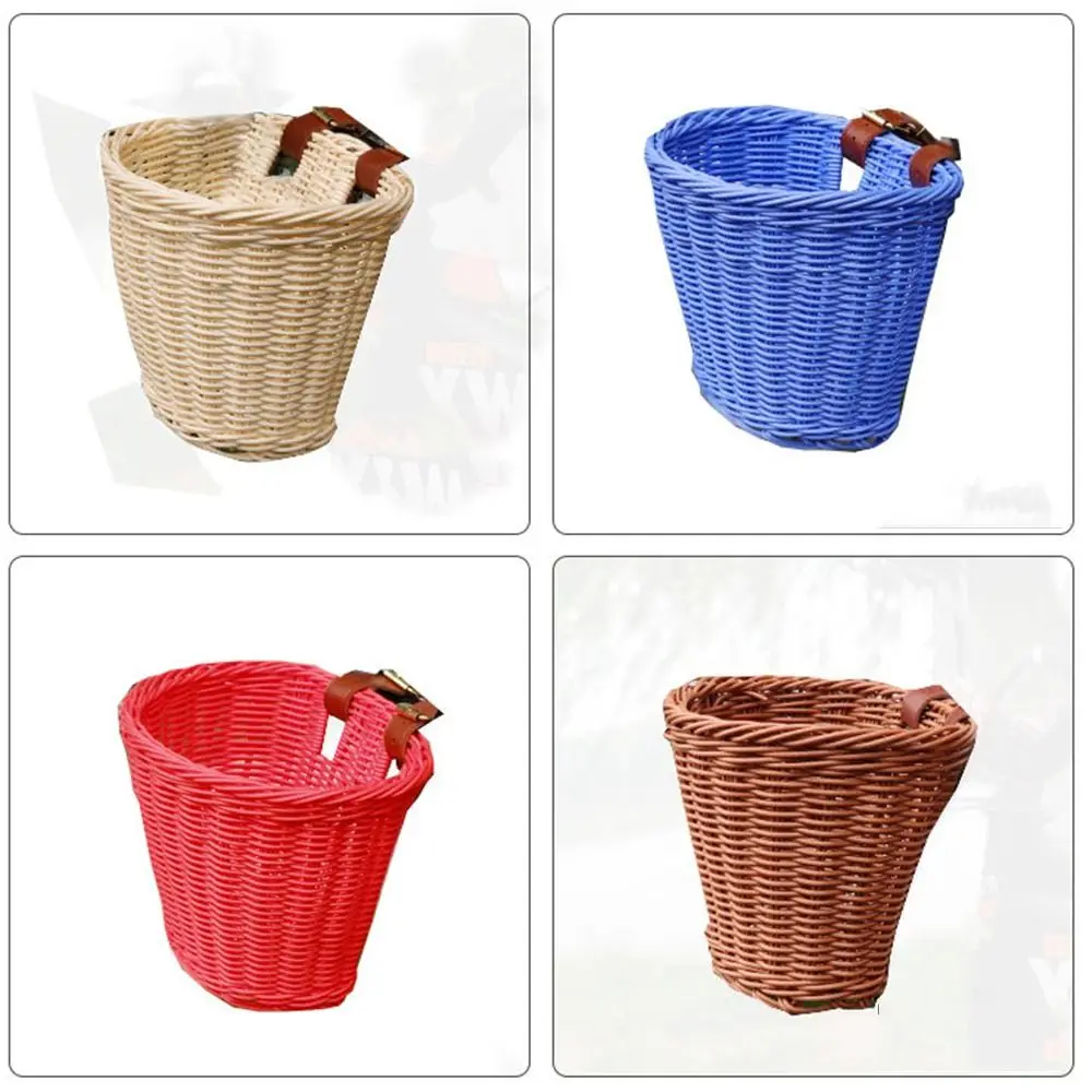 Woven Handmade Bike Basket Adjustable Leather Straps Multi-Colors Toddler Tiny Tricycle Baskets Brass Buckles Waterproof Storage