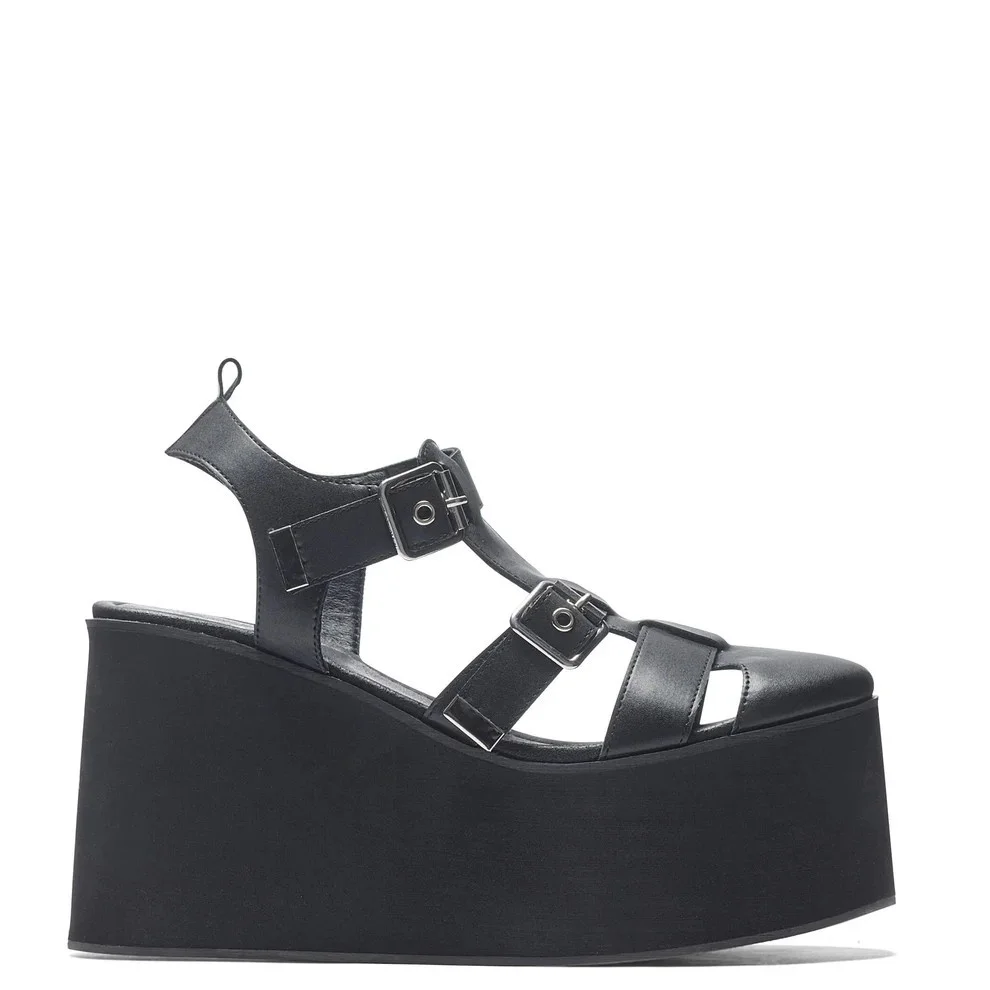 Black Multi Buckle Strap Platform Wedge Sandals Gothic Punk Square Toe Women Street Rock Concert Cool Summer Statement Footwear