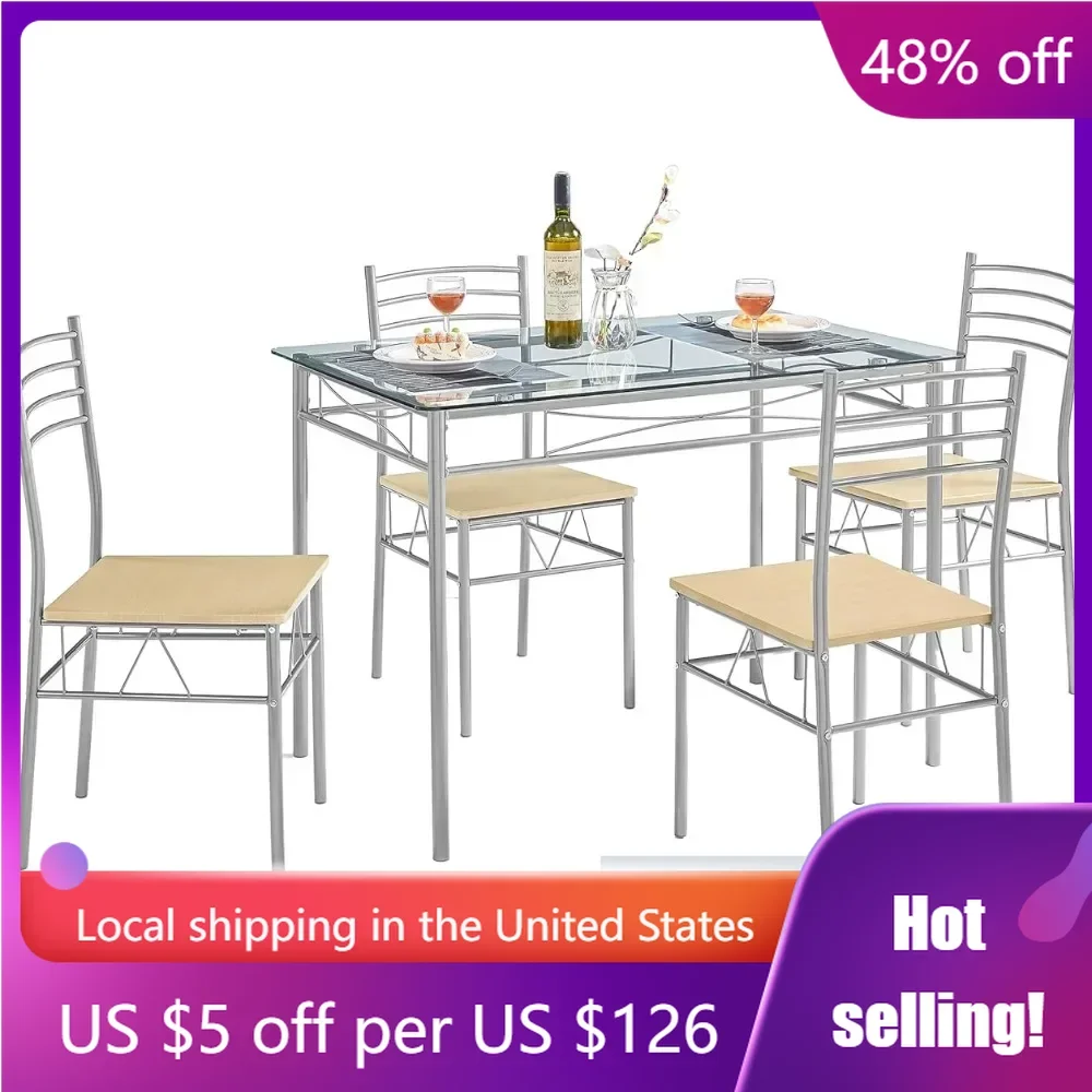 

5 Piece Dining Table Set for 4 With Chairs Glass Top Small Space Living Room Chairs Silvery Freight Free Restaurant Tables Chair