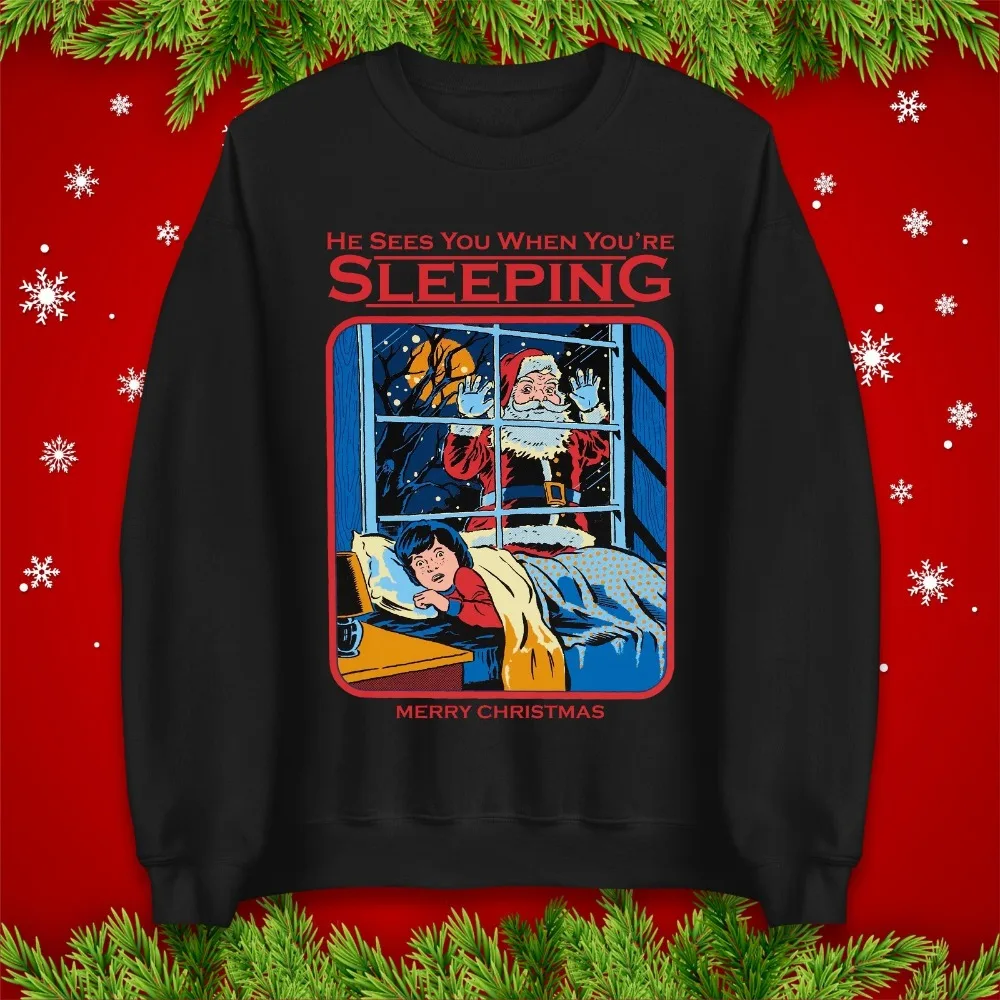 He Sees You When You’re Sleeping Men Hoodies Funny Santa Christmas Jumper Retro Comic Keep Warm Long Sleeve Tracksuit Sweatshirt