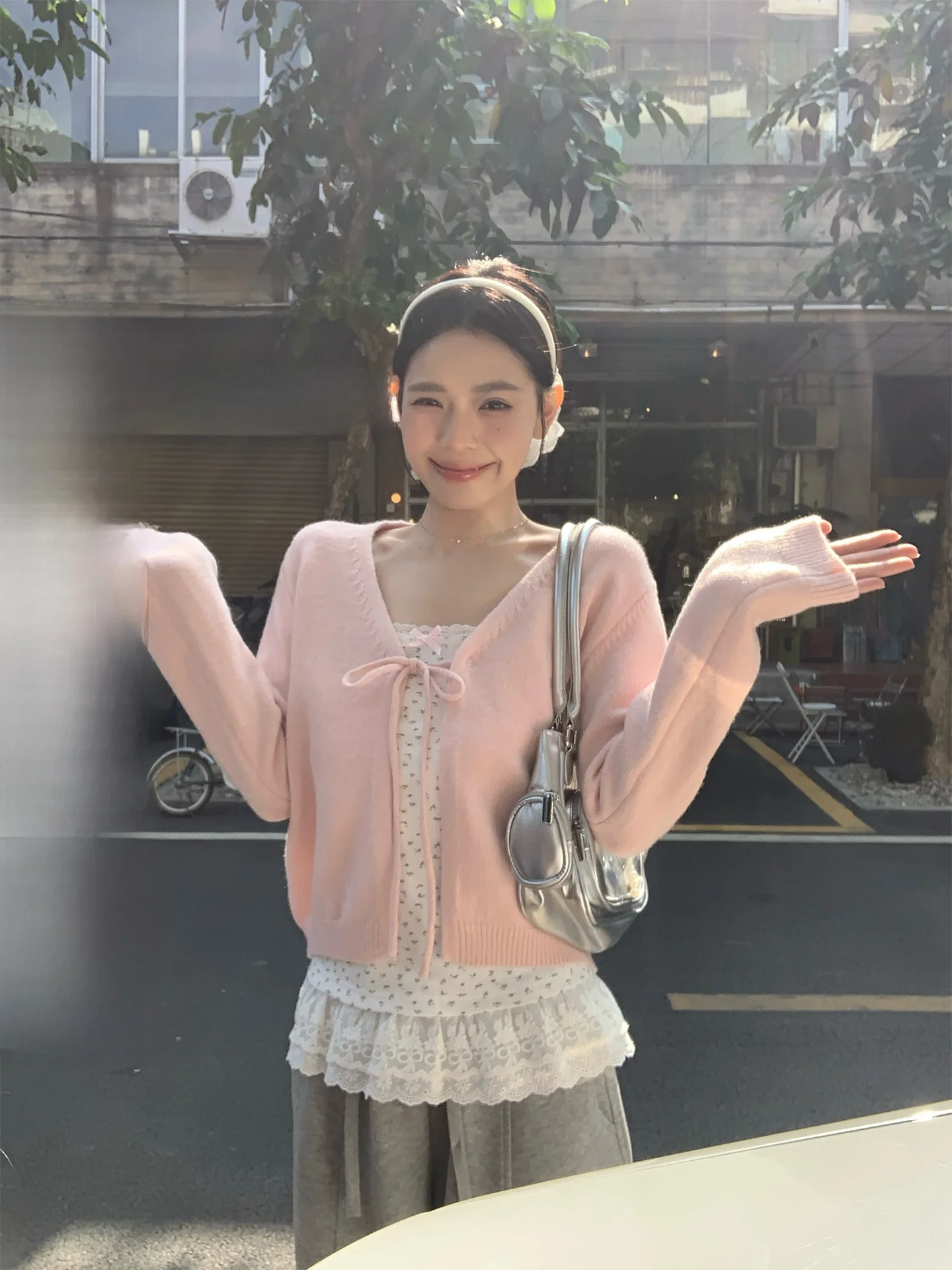 

Pink Knitted Open Cardigan Women's Loose Short Style Spring New Korean Style Socks Bundle V-neck Long Sleeve Top