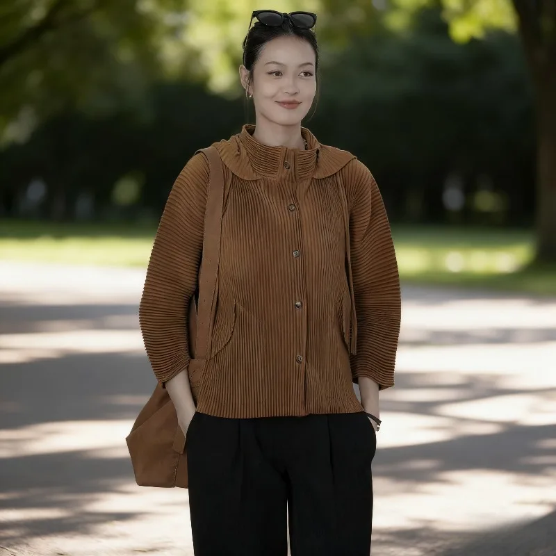 

Miyake Folds 2026 Spring New Cardigan Hooded Sweater Loose Casual Versatile Women's Jacket Short Jacket Long-sleeved Clothes