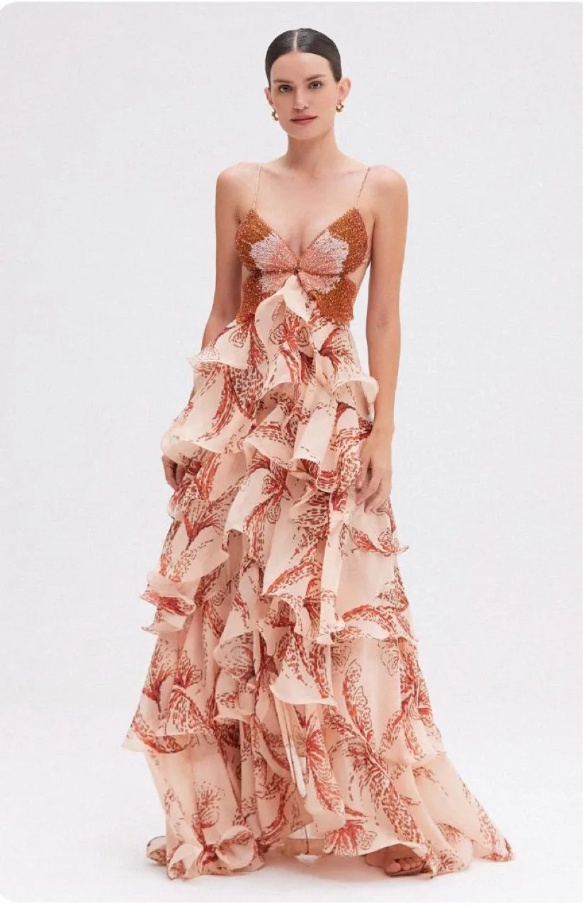 

Sexy New Long Dress Summer Butterfly Print Hollow Bohemian Style Backless Lace-up Ruffled Mid-waist Sleeveless Suspender Dresses