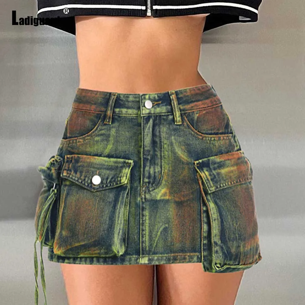 

Ladiguard 2023 New Stand Pocke Denim Shorts Women High Cut Gothic Fashion Short Jeans Ladies Retro Street Demin Short Bottom