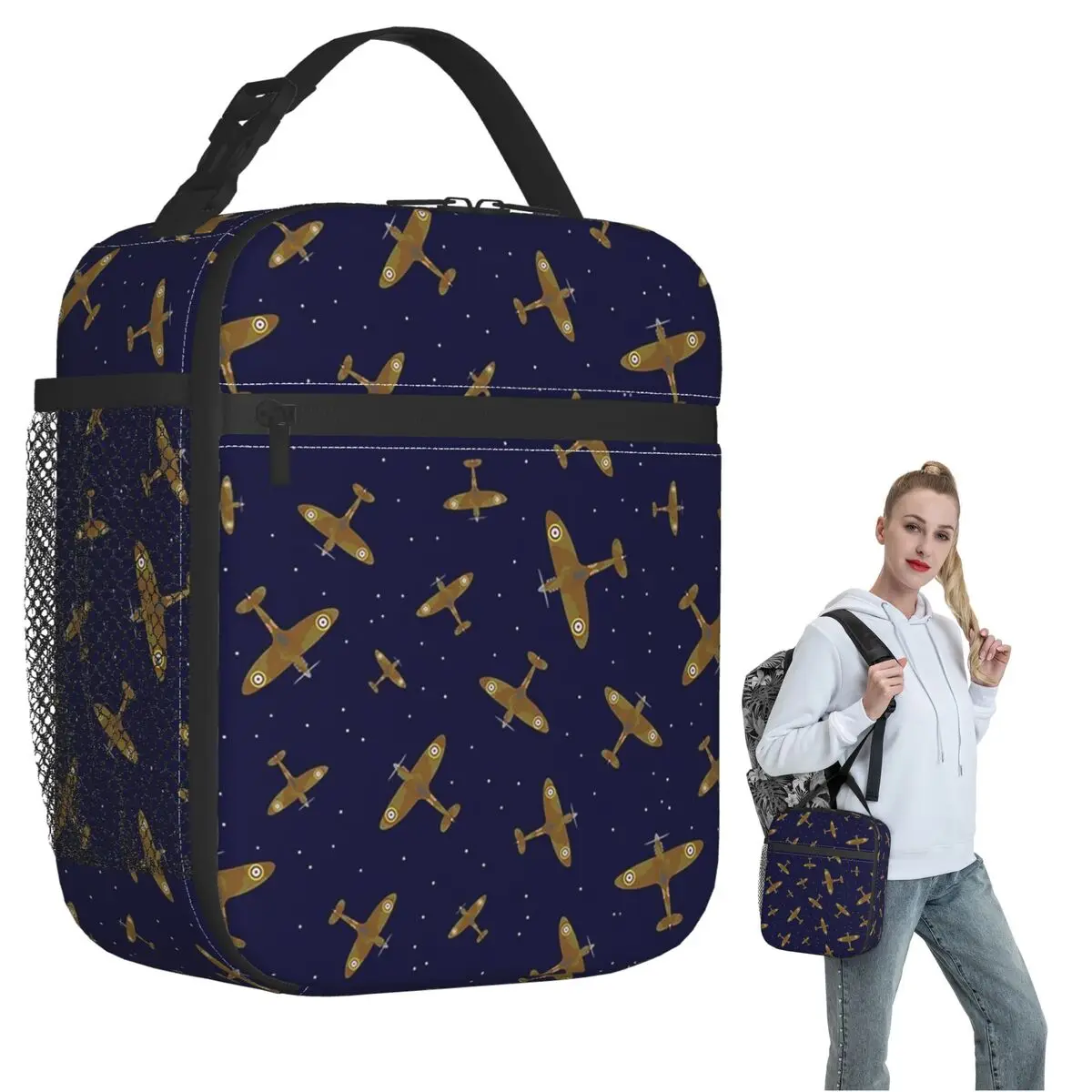 Spitfire War Planes In Flight On Navy Blue Insulated Lunch Bag for Women Children Portable Food Boxes Thermal Lunch Box Tote