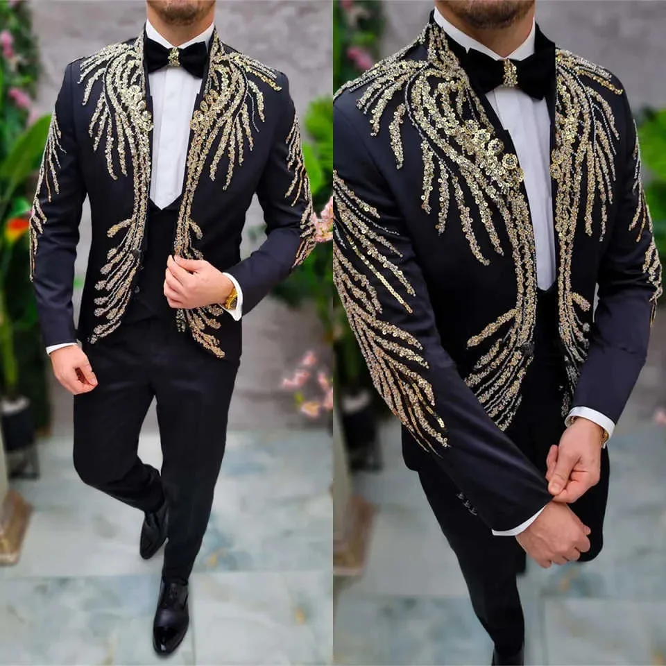 Sparkly Sequins Wedding Tuxedos 2 Piece Set Jacket Pants One Button Men Suit Trim Fit Groom Wear Evening Suits Customized