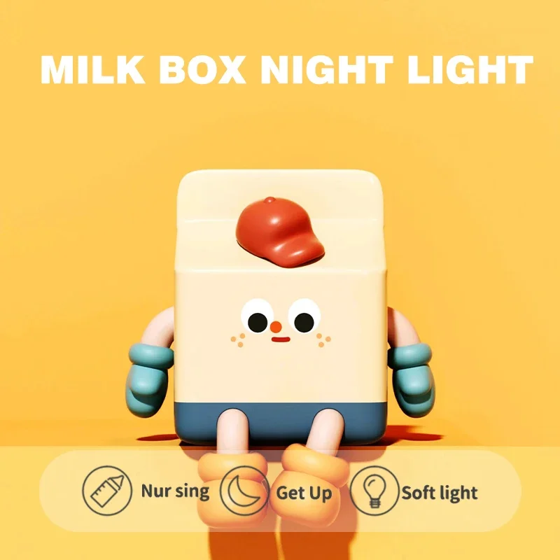 Cartoon Milk Carton USB Rechargeable Night Light Cute Pat Silicone Lamp with 3-Speed Dimming Timer Sleep Light Feature for Home