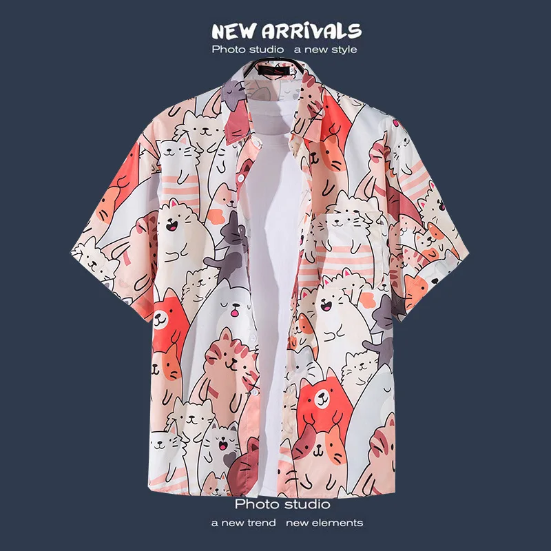 Men Street Fashion Daily Shirt Hawaiian Cartoon Print Casual Loose Shirts Short Sleeve Beach Loose Tops