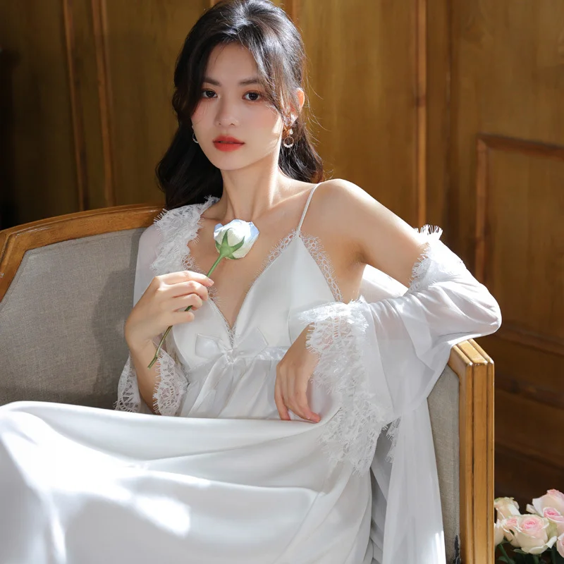 Sexy Lace Robe Set Women Cotton Nightgown with Built in Bra Sexy Sleepwear Fairy White Black Long Night Dress Princess Nightwear