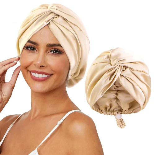 Imagen 2 del producto Gorro de pelo de satén de seda ajustable para dormir, gorro para dormir de doble capa, turbante para mujeres y hombres, pelo liso y rizado largo