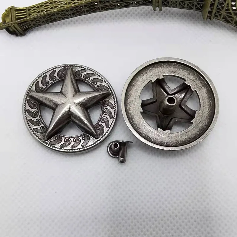 5pcs 36*36mm Punk Vintage Silver Western Texas Star Stud Rivet Leathercraft Saddle Conchos For Leather Rivet Back