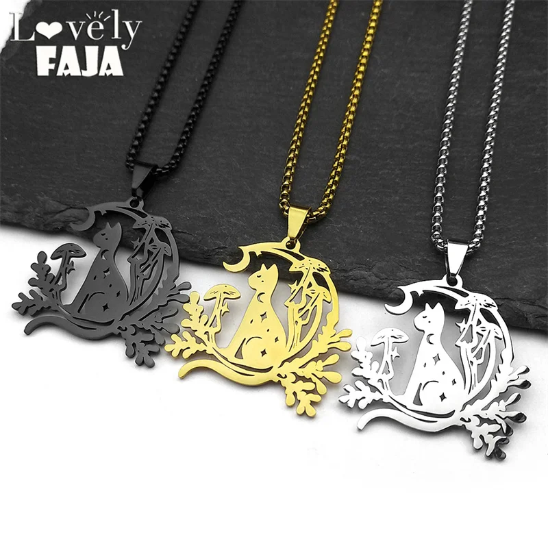جميل القط مع القمر ستار الفطر قلادة قلادة للنساء الرجال الفولاذ المقاوم للصدأ الذهب اللون الحيوان النبات سلسلة مجوهرات هدية