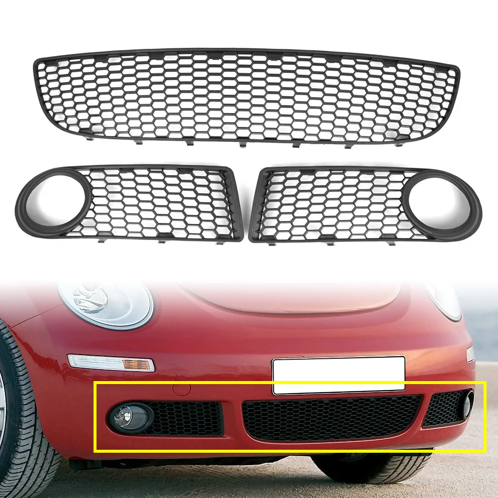 3 PCS Car Front Bumper Center Grille Fog Light Grill For Volkswagen Beetle 2005 2006 2007 2008 2009 2010 Black