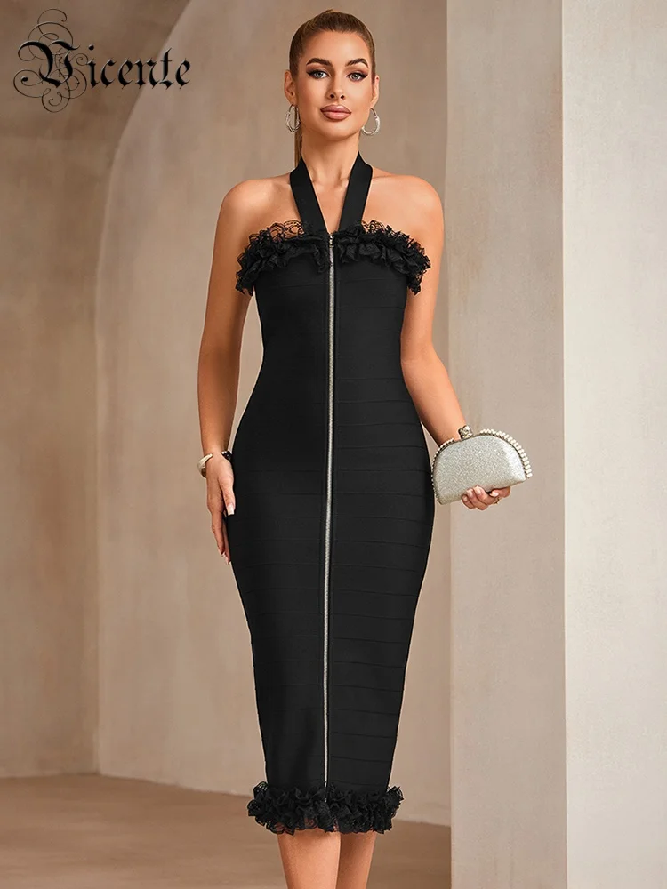 

VC Unique Black Halter Bandage Lace Zipper Design Backless Midi Dress for Fashion Events Gown