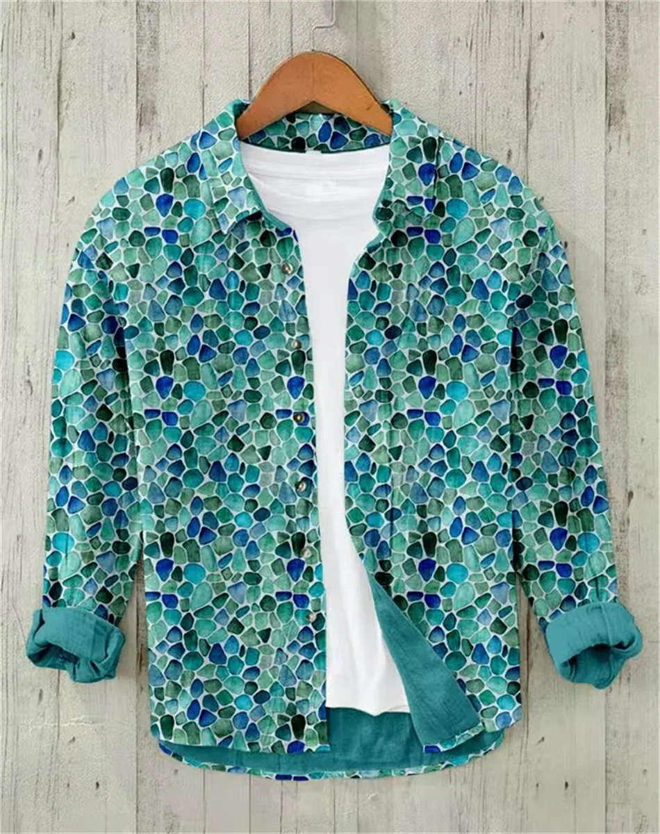 Men's long-sleeved shirt linen shirt retro print a group of small fish shirt casual loose high-quality men's clothing
