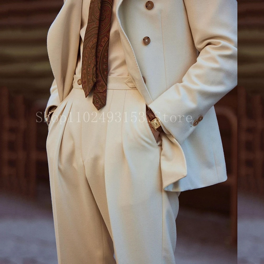 Tailor Made Beige Men Suits For Wedding 2 Pieces Double Breasted Elegant Formal Business Bridegroom Tuxedos Costume Homme