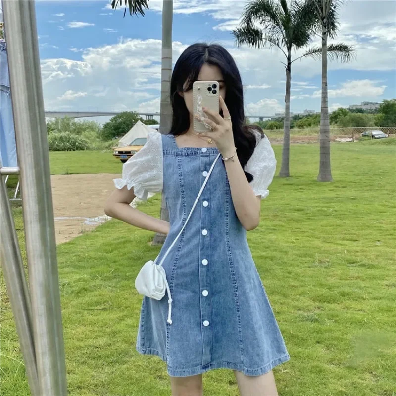 Summer Denim Dresses Puff Sleeve Chic Dresses Women Square Collar Dress Single Button Sweet Girls Clothes New Preppy Streetwear