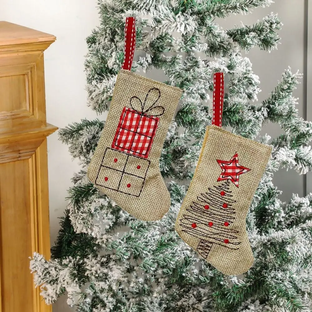 Linen Burlap Embroidery Christmas Stocking Reusable Hanging Christmas Decoration Decorative Small Christmas Gift Bag Fireplace