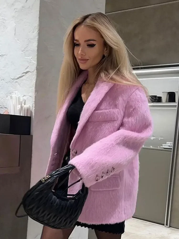 Fashion Solid Plush Lapel Blazer Coat Women Single Breasted Casual Pockets Loose Jackets Autumn Long Sleeves Lady Overcoat