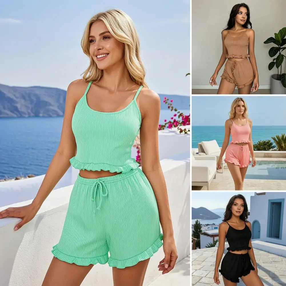 Summer Women's Pajamas Set 2 Suspenders Homewear Soft Pajamas Solid Color Sexy Shorts Women's Ventilate Casual Sleepwear