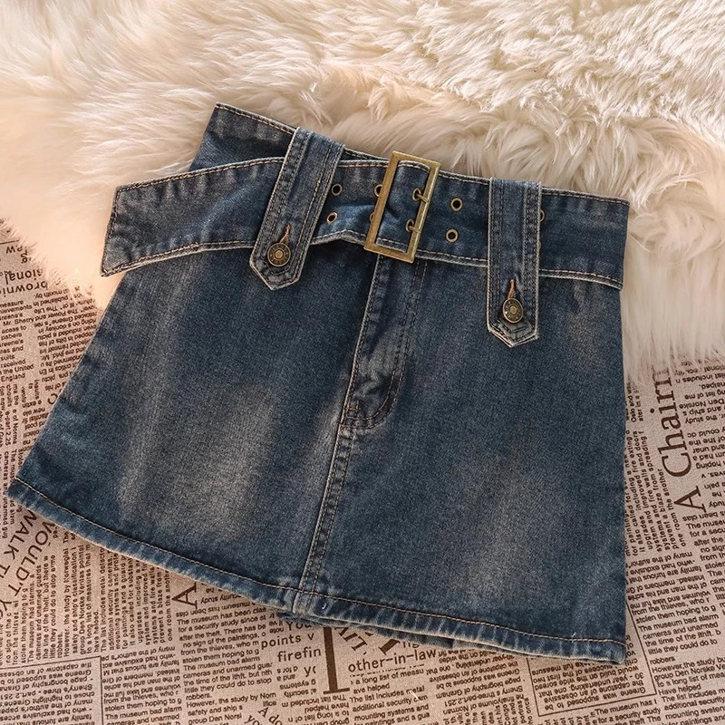 

American retro versatile denim bustier female summer new high-waisted thin Spice Girls short skirt package hip skirt pants ins