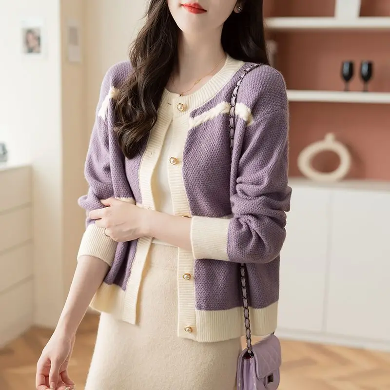 Women Korean Fashion Contrast Color Elegant Button Knitted Cardigans Sweet Chic Round Neck Long Sleeve Loose Outerwears Sweater