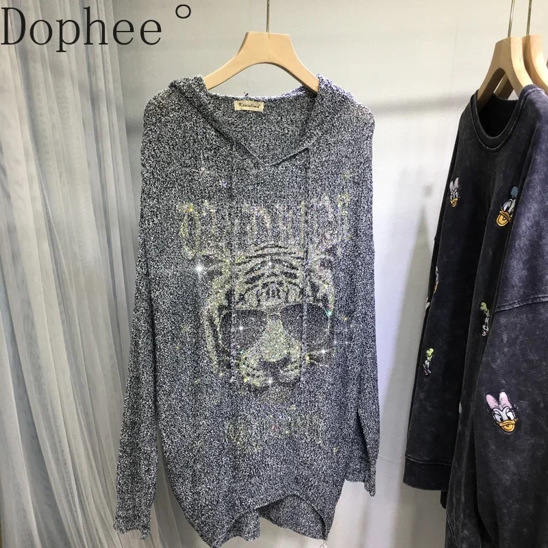 

Tiger Head Hot Drilling Women Sweaters All-match Autumn Winter Hooded Pullover Knitted Sweatshirt Mid-long Casual Knitting Top