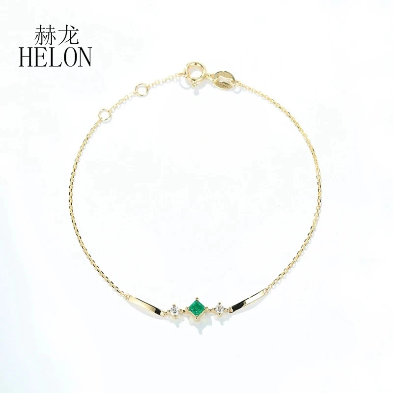 HELON Solid 18K Yellow Gold Princess Natural Emerald Diamond Bracelet For Women Diamonds Chain Bracelet Christmas Jewelry Gift