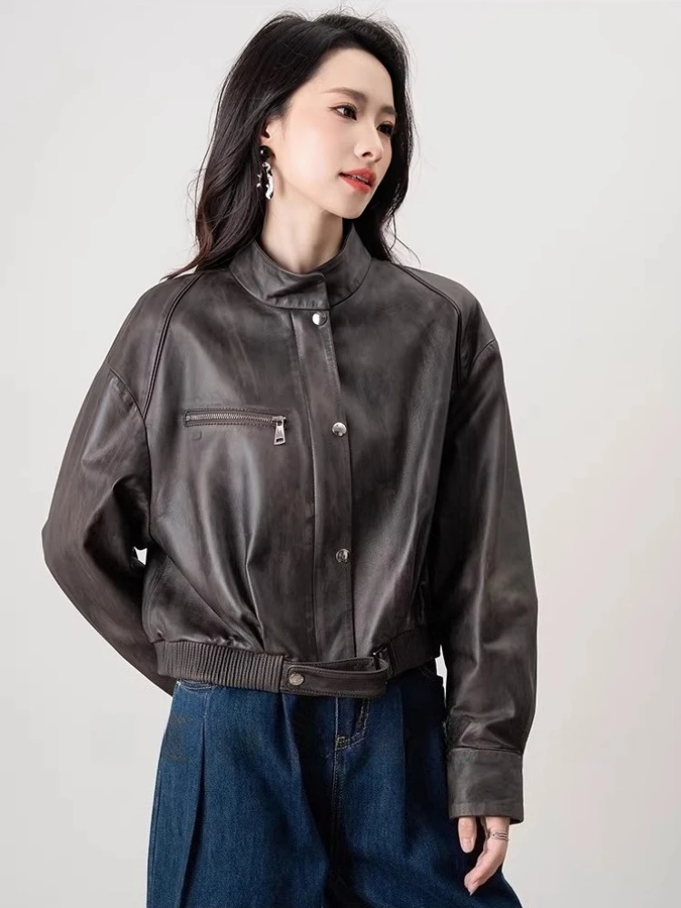 

Vintage Short Genuine Leather Motorcycle Jackets Women Spring Autumn High-end Simple Stand Collar Slim Short Real Sheepskin Coat