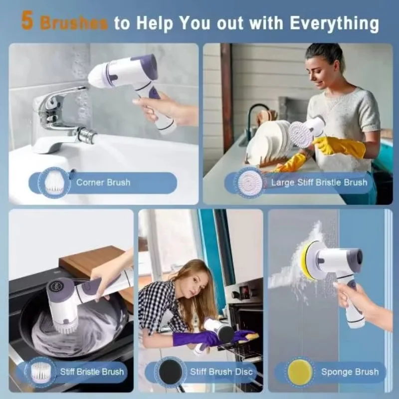 5 in 1 Cordless Electric Cleaning Brush Kitchen Dish Washing Countertop Tile Floor Scrubber Electric Spin Scrubber