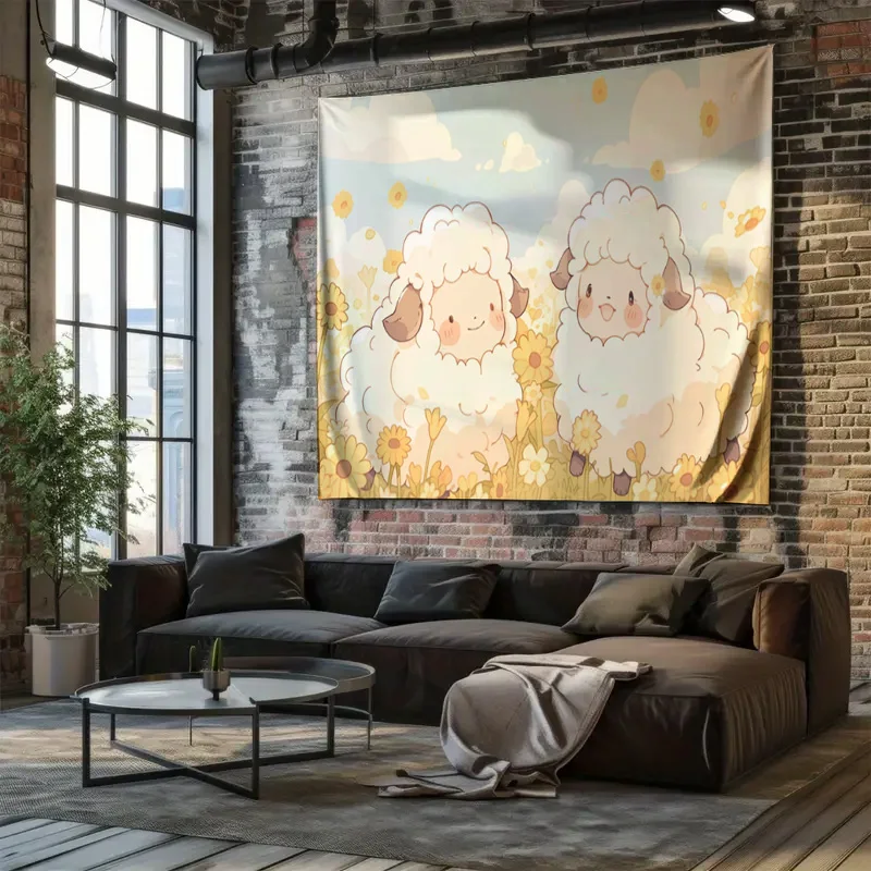"Cute Cartoon Lamb Tapestry - Warm and Playful Children's Bedroom Decorative Hanging Rug"