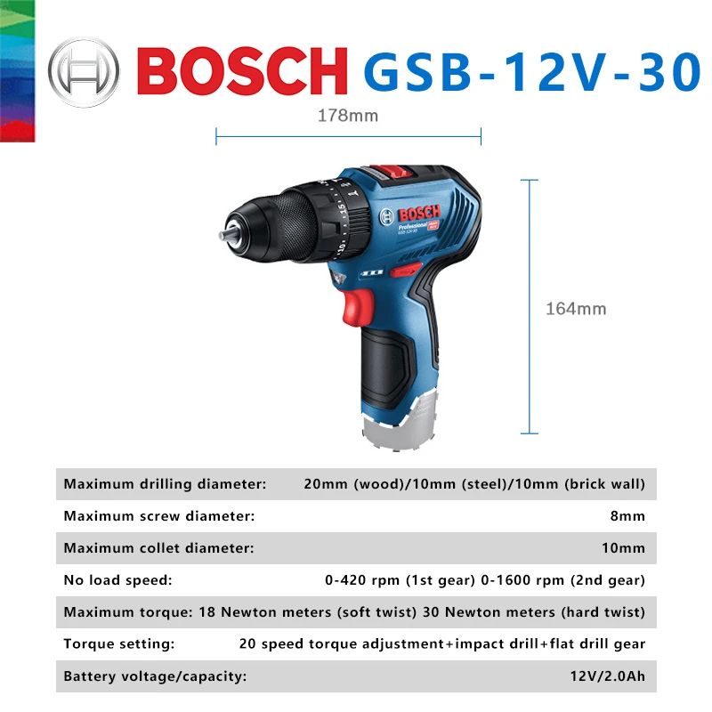 Bosch Professional 3 in 1 Cordless Electric Impact Drill GSB 12V 30 Multi-Function Driver Electric Screwdriver Power Tool