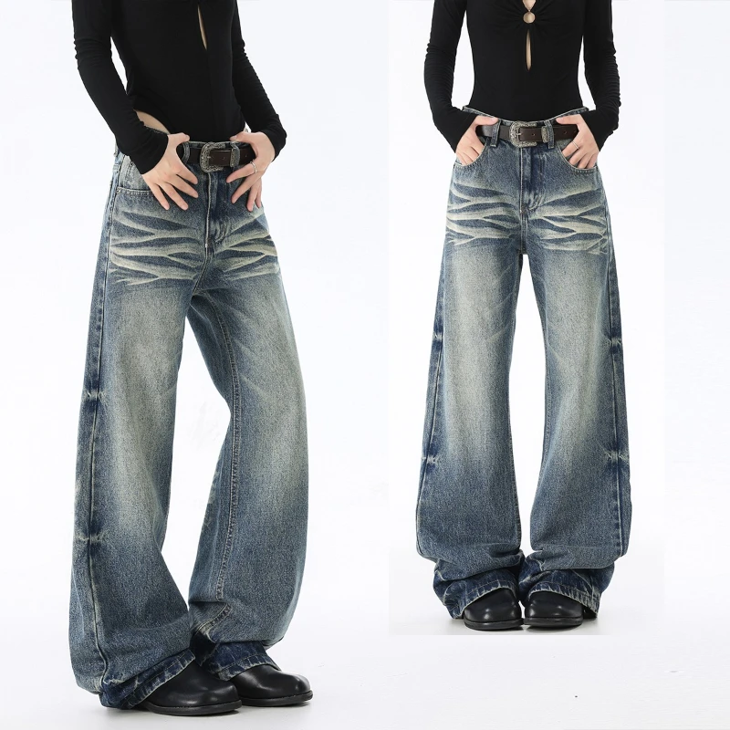 

Постиранные мужские джинсы, новые весенне-осенние контрастные цвета, изношенные универсальные джинсы, прямые широкие брюки, свободные мужские джинсовые брюки Tide