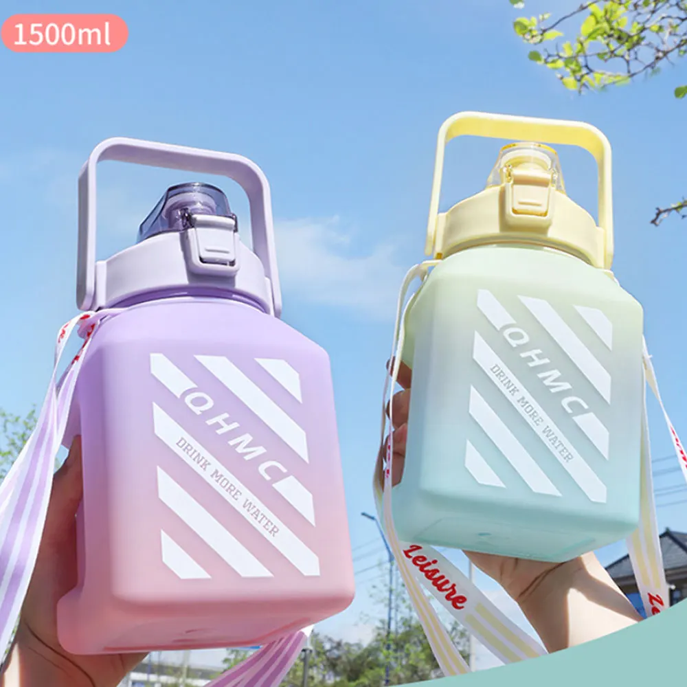 

1500ml Water Bottle Fitness Outdoor Sports Water Bottles with Straw Frosted Leakproof Motivational Sport Portable Plastic Cup