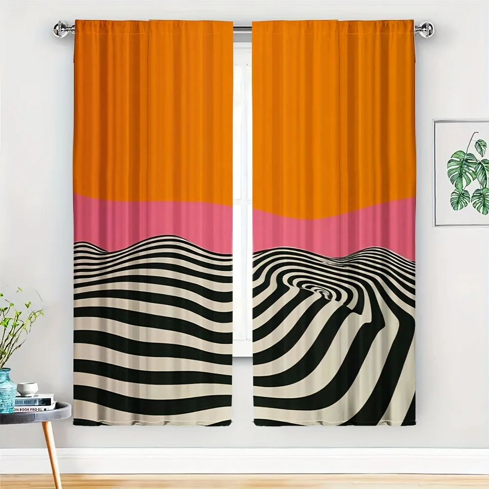 2 Stück Optische Wellenvorhänge ohne Stange, Orange, Rosa, Schwarz, Weiß, Grafik-Verdunkelungsvorhänge für Wohnzimmer, Schlafzimmer, Studio, Café-Dekoration