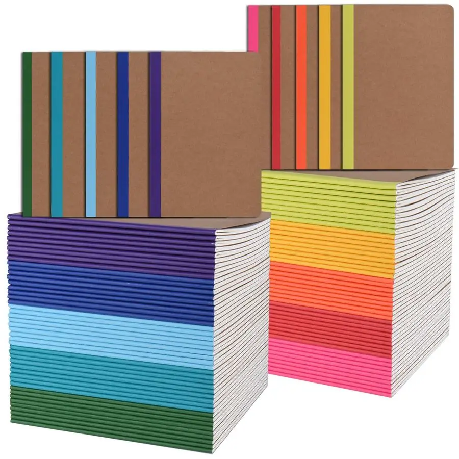 

Набор из 100 тетрадей для записей, формат А5, с обложкой из крафт-бумаги, линованные, с радужными обрезами, для школы, бизнеса, работы и повседневного использования