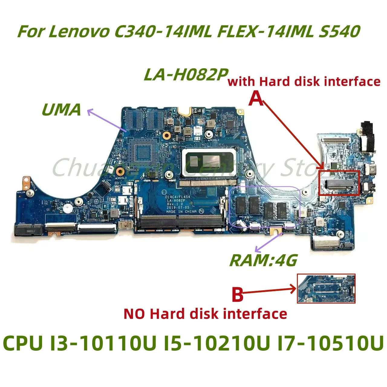 Suitable for Lenovo C340-14IML S540-14IML laptop motherboard LA-H082P CPU: I3-10110U I5-10210U I7-10510U UMA RAM: 4GB 100% test