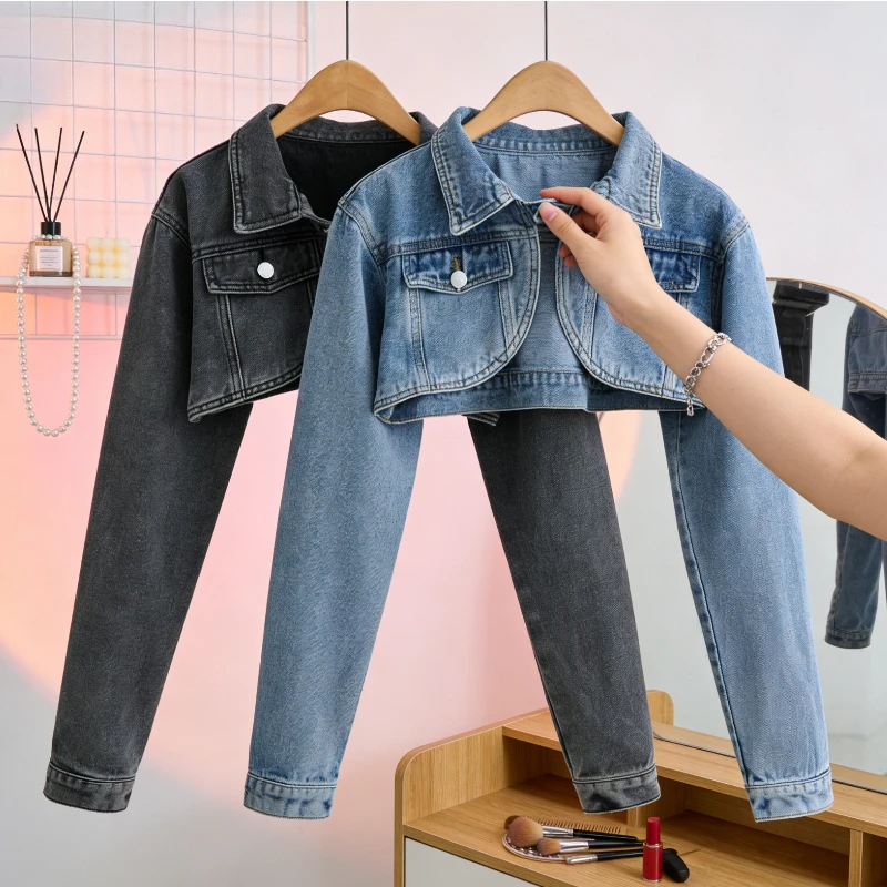 アメリカンスパイスガール風超ショートデニムジャケット レディース ハイウエスト ショールデザインセンス ニッチ レトロ バイク万能ジャケット