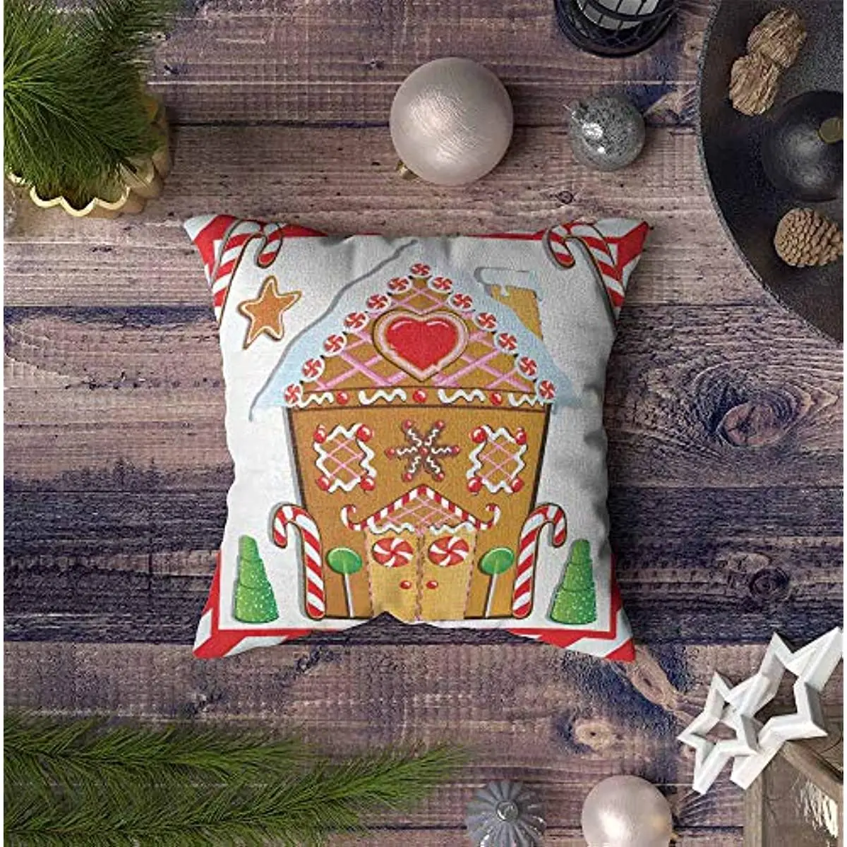 Zippered Covers Pillowcases Throw Pillow Covers Cute Gingerbread House with Trees and Candy Cane Frame for Home Sofa Bedding