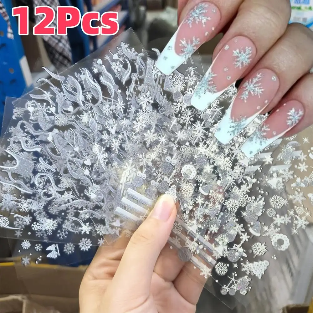 12Pcs 3D Glitter Silver Christmas Nail Stickers Snowflakes Elk XmasTree  Bell Nail Decals Winter New Year Nail Art Decorations 1