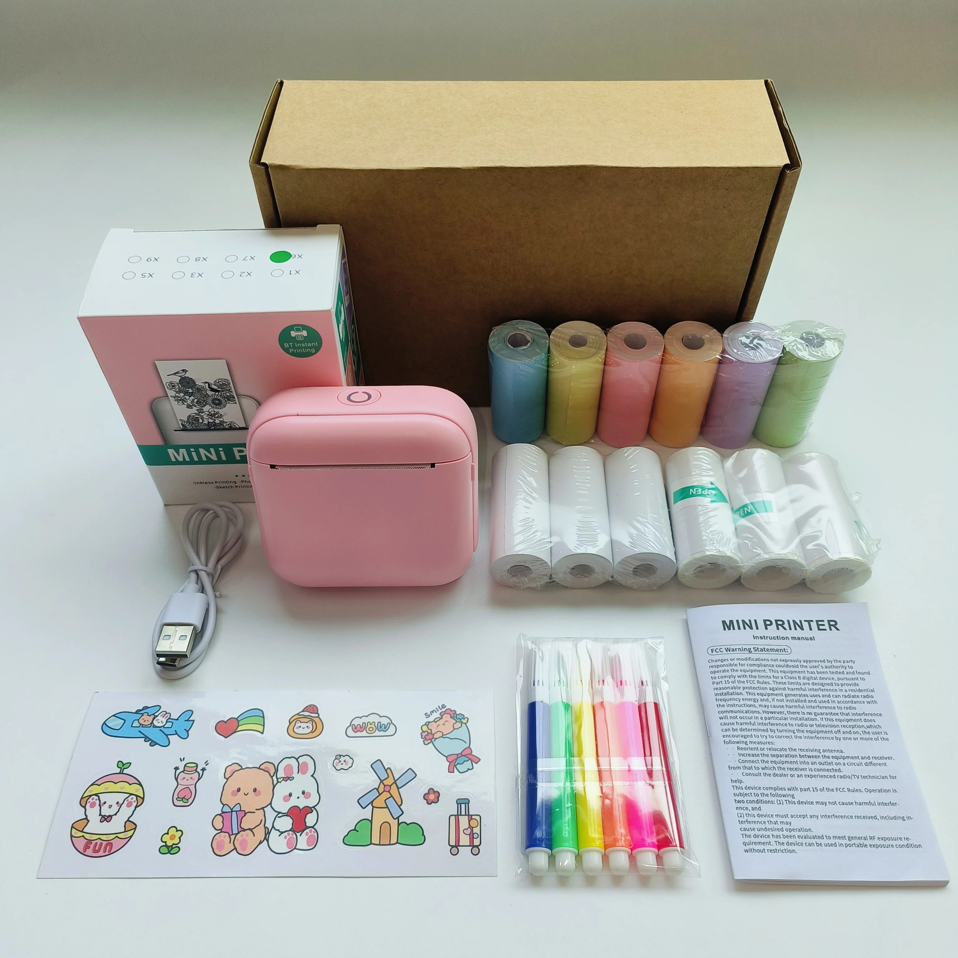 

Портативный беспроводной мини-термопринтер с 6 рулонами цветной бумаги, 6 рулонами наклеек, 6 ручками и листом наклеек - печать фотографий, изображений