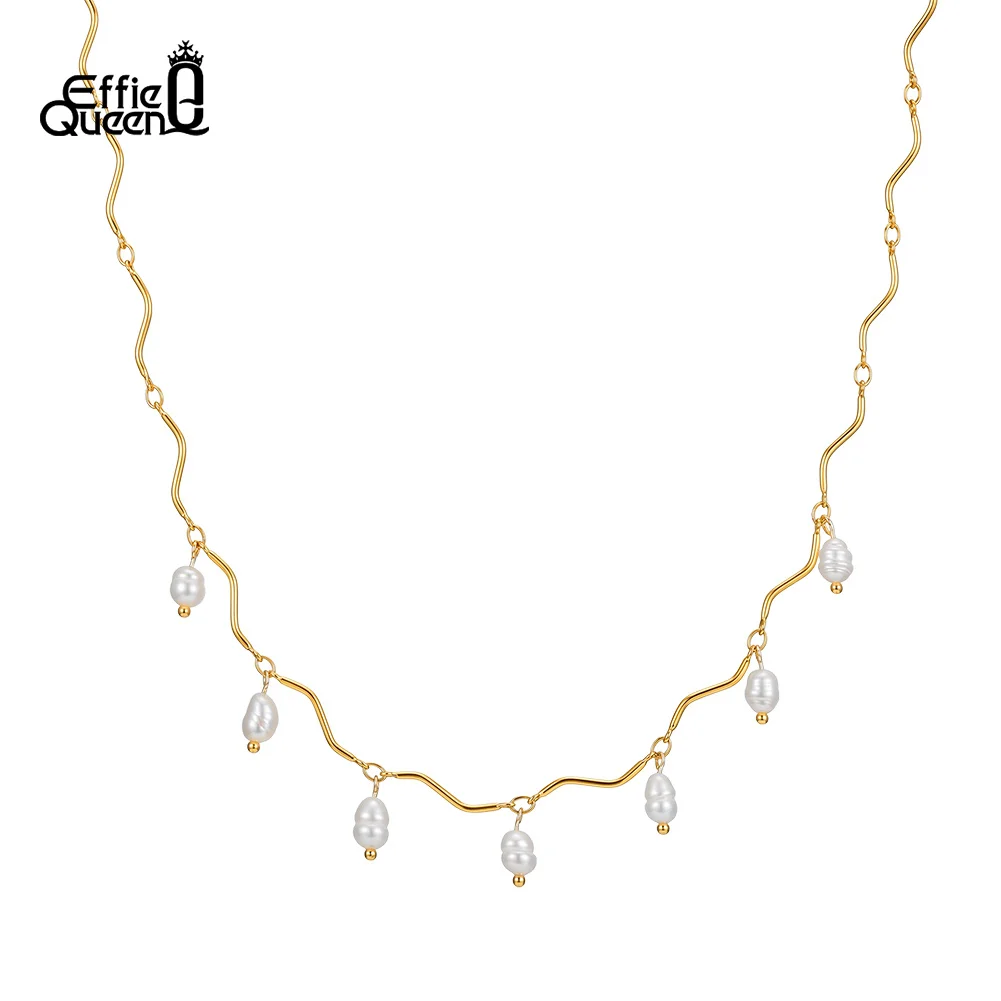 EFFIE QUEEN Retro Stainless Steel Simple Natural Pearls Necklace For Women Water Wave Chain Choker Party Banquet Jewelry STPN13