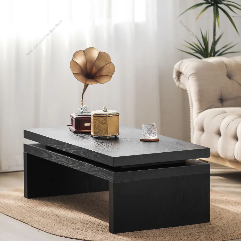 Modern Black Wood Coffee Table – Sleek Floating Top Design for Living Room 47.6