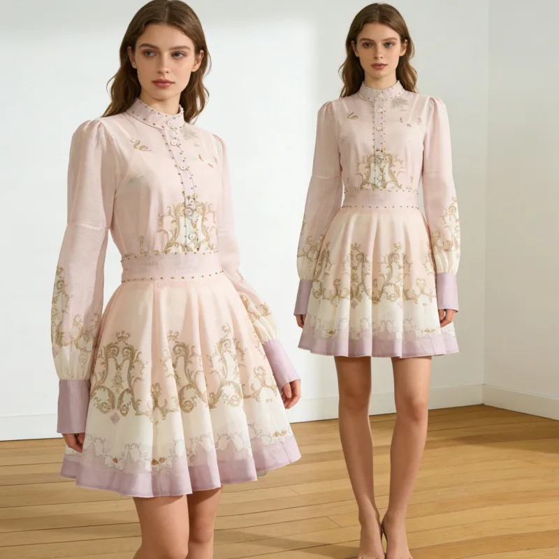 ชุดเดรสวินเทจลายพิมพ์ Ele แบบ 3 ชิ้น เสื้อแขนยาวปกพับกระโปรงทรงบานเอวสูง ผ้ากำมะหยี่